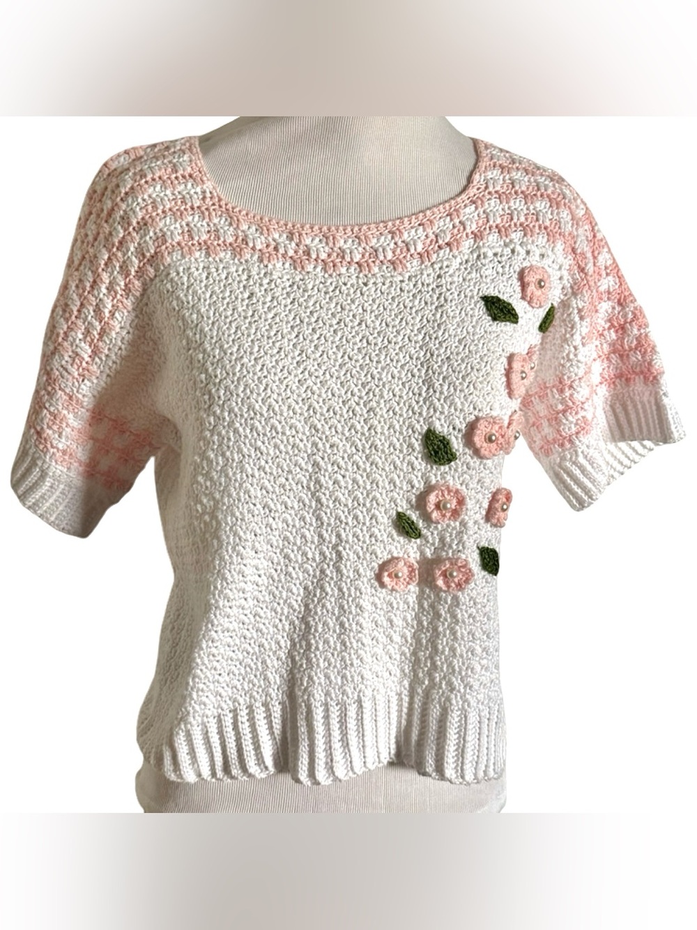 Hand Made Crocheted Sweater W Flower Pearl Detail Pink White Women Small Cottage